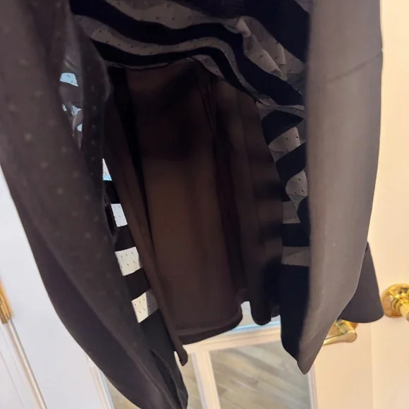 Sleeveless Banded Cocktail Dress Shape Midi Polka Dot Mesh, Black, SZ 00 - Picture 8 of 8